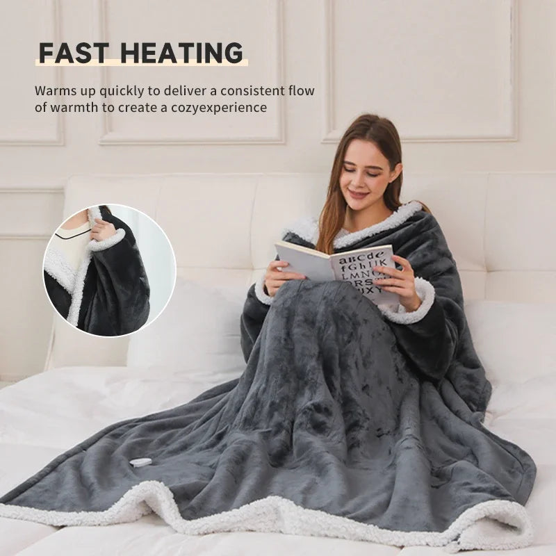 127x177cm Wearable Heating Blanket with Foot Pocket Sleeve Design Flannel Machine Washable 8-Speed Home Office Comfortable Heati